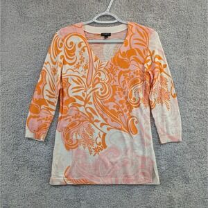 Talbots Shirt Women's Petite P Orange White Paisley Preppy Lightweight Sweater